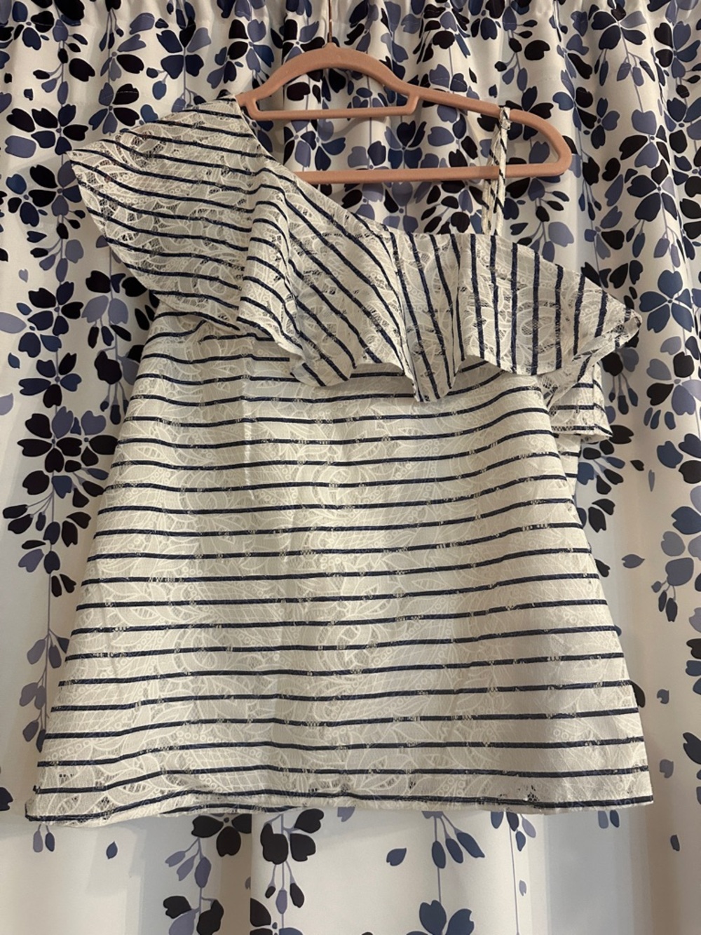 One-Shoulder Ruffle Camisole - White & Blue  Stripes